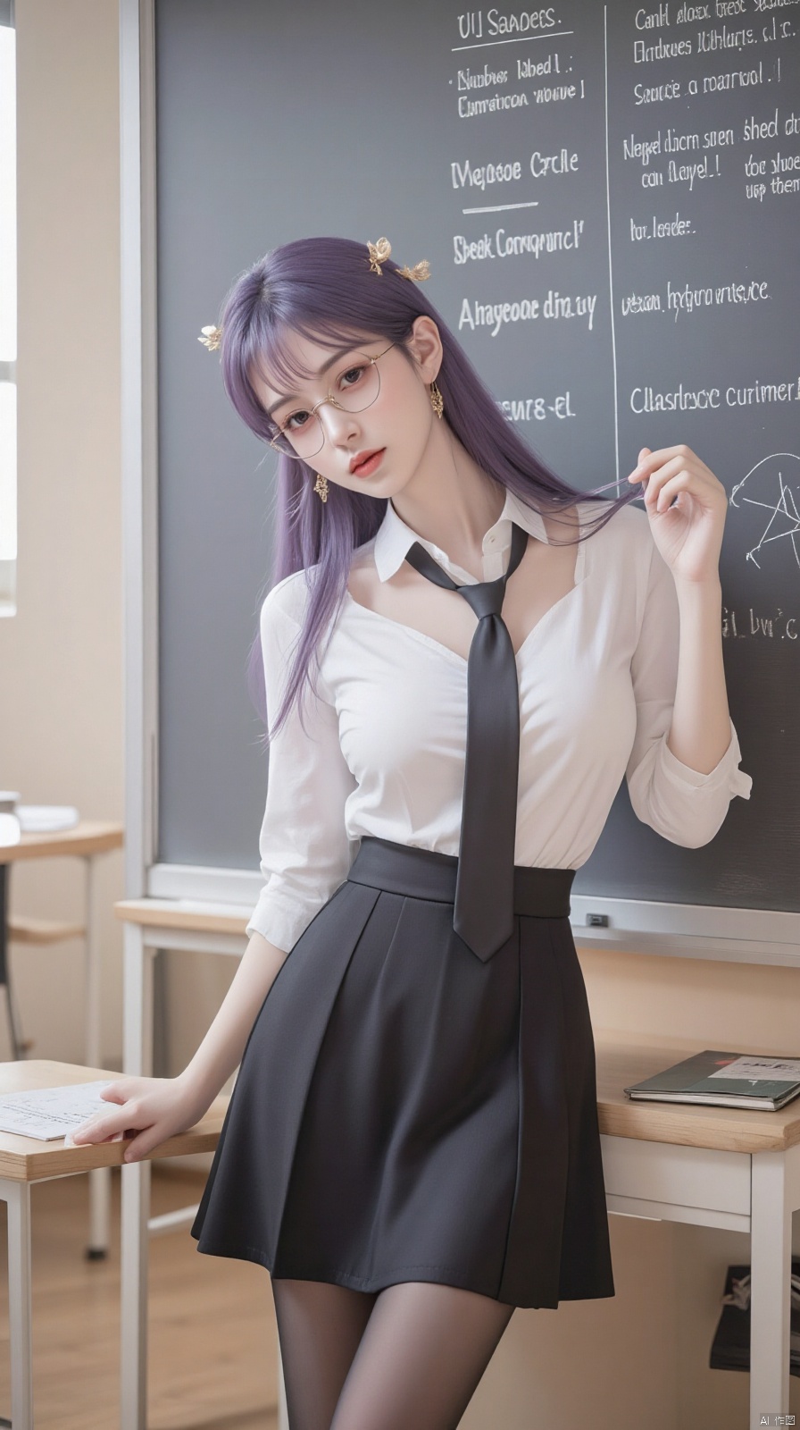 1girl, solo, long hair, breasts, looking at viewer, bangs, skirt, shirt, holding, jewelry, white shirt, purple hair, pantyhose, earrings, necktie, glasses, collared shirt, indoors, black skirt, english text, black pantyhose, black necktie, pencil skirt, classroom, chalkboard, teacher, chalk