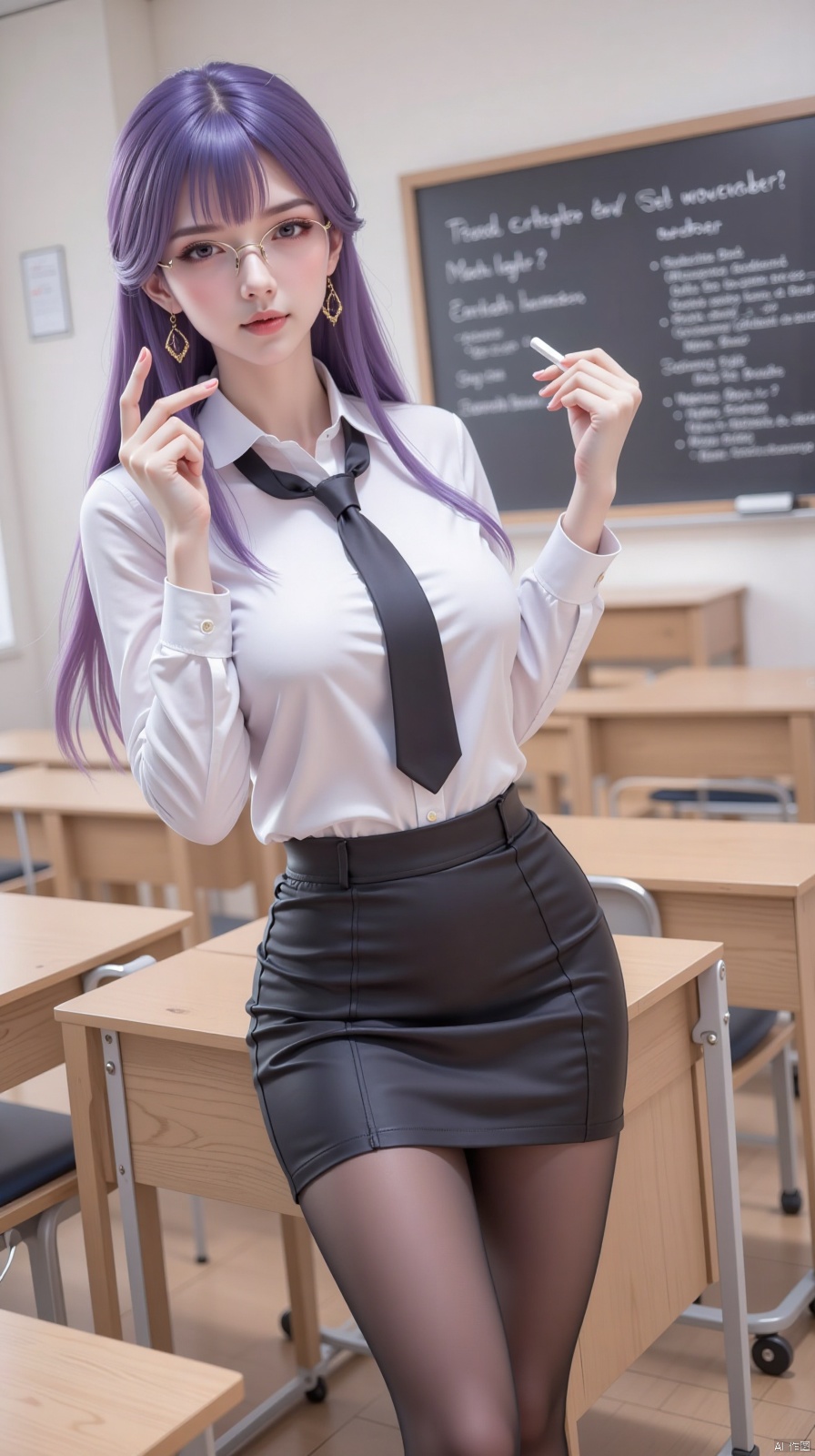 1girl, solo, long hair, breasts, looking at viewer, bangs, skirt, shirt, holding, jewelry, white shirt, purple hair, pantyhose, earrings, necktie, glasses, collared shirt, indoors, black skirt, english text, black pantyhose, black necktie, pencil skirt, classroom, chalkboard, teacher, chalk