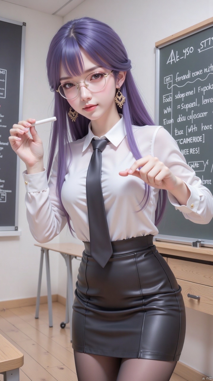 1girl, solo, long hair, breasts, looking at viewer, bangs, skirt, shirt, holding, jewelry, white shirt, purple hair, pantyhose, earrings, necktie, glasses, collared shirt, indoors, black skirt, english text, black pantyhose, black necktie, pencil skirt, classroom, chalkboard, teacher, chalk
