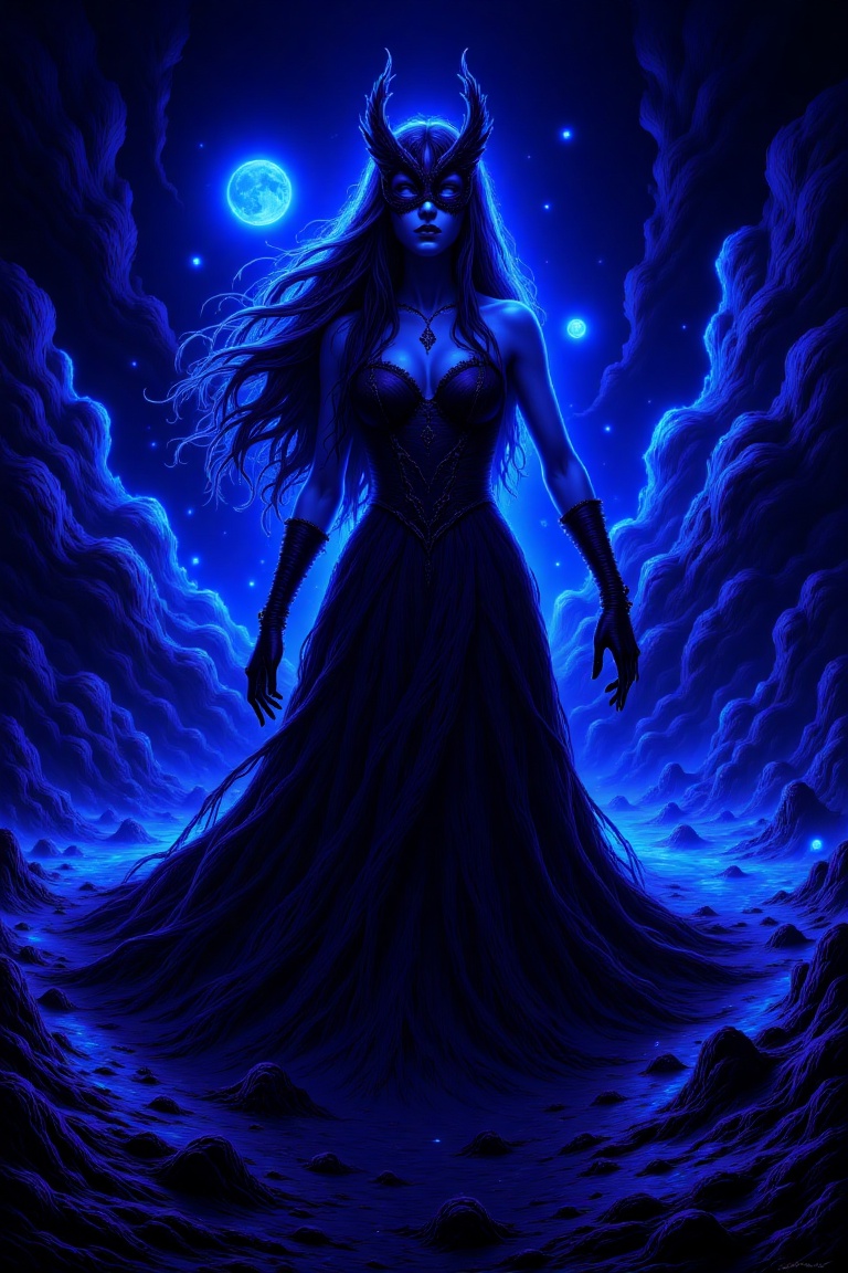 In this hauntingly beautiful composition,  a mystical woman emerges from the shadows,  her raven hair flowing like moonlit...