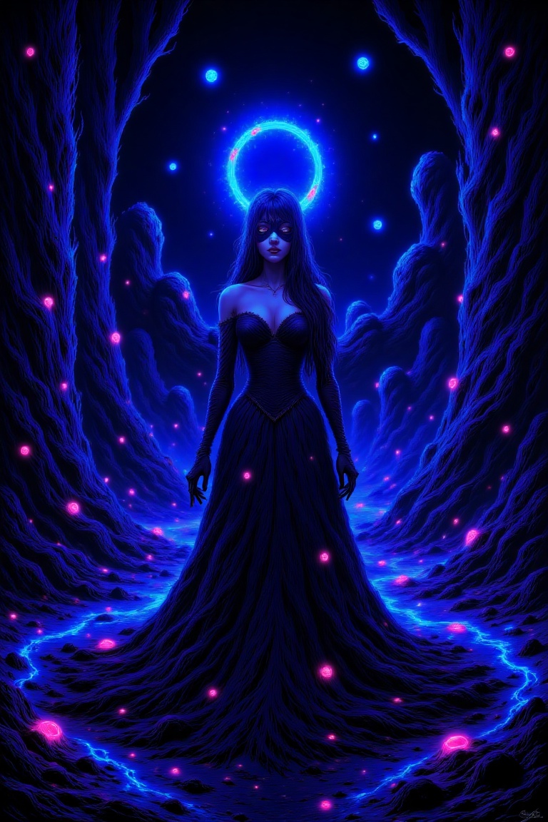 In this hauntingly beautiful composition,  a mystical woman emerges from the shadows,  her raven hair flowing like moonlit...