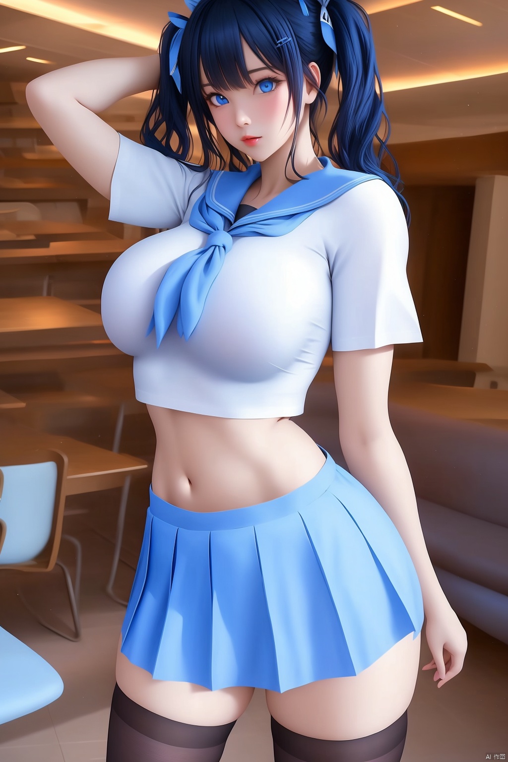 1girl
solo
breasts
looking at viewer
blue eyes
skirt
black hair
hair ornament
thighhighs
navel
twintails
school uniform
pleated skirt
serafuku
hairclip
midriff
white thighhighs
blue skirt
crop top
crop top overhang



