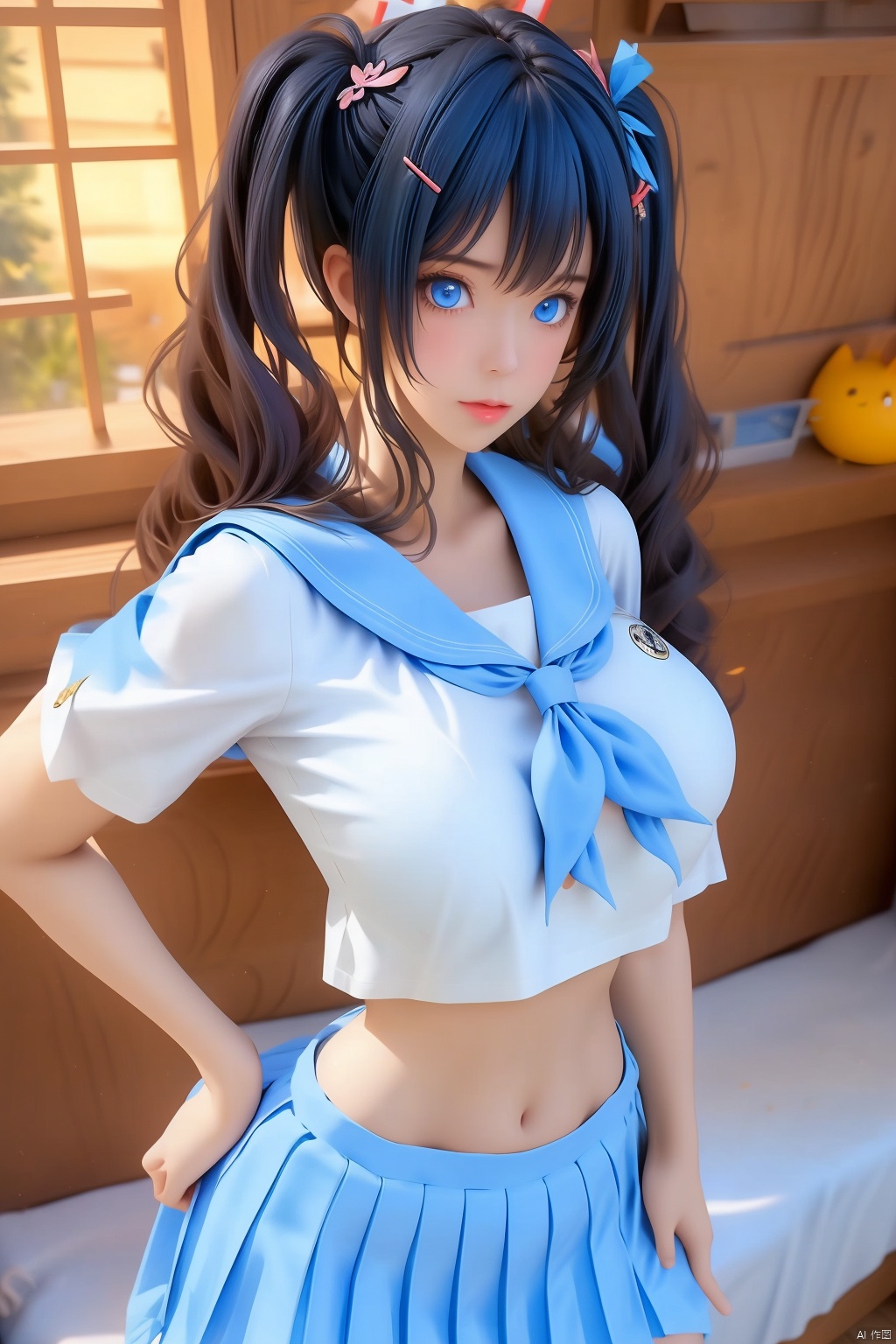 1girl
solo
breasts
looking at viewer
blue eyes
skirt
black hair
hair ornament
thighhighs
navel
twintails
school uniform
pleated skirt
serafuku
hairclip
midriff
white thighhighs
blue skirt
crop top
crop top overhang


