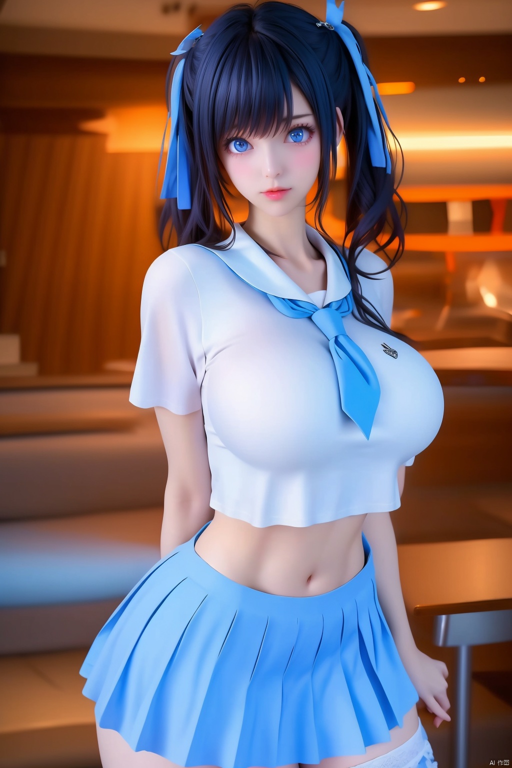 1girl
solo
breasts
looking at viewer
blue eyes
skirt
black hair
hair ornament
thighhighs
navel
twintails
school uniform
pleated skirt
serafuku
hairclip
midriff
white thighhighs
blue skirt
crop top
crop top overhang


