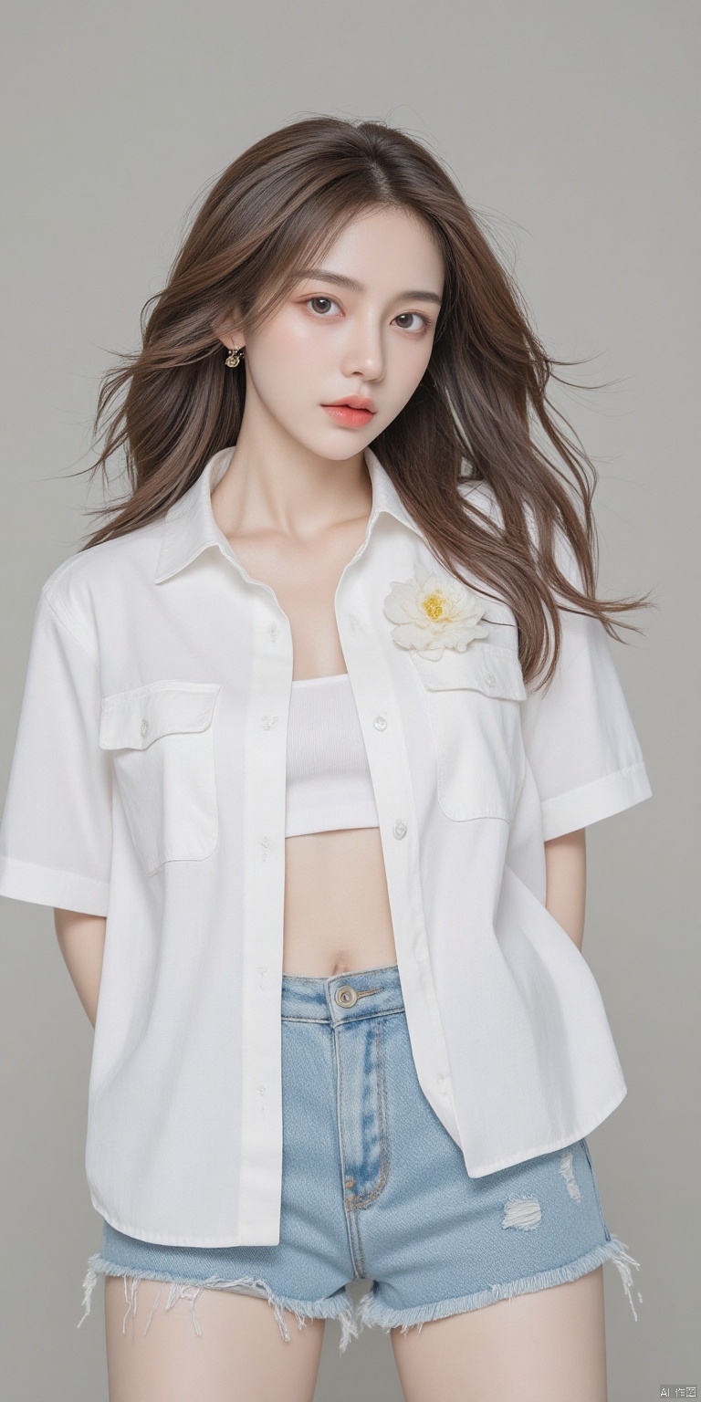 1girl, solo, long hair, breasts, looking at viewer, blue eyes, brown hair, shirt, navel, jewelry, medium breasts, closed mouth, standing, white shirt, flower, cowboy shot, earrings, shorts, sleeveless, midriff, blurry, crop top, head tilt, short shorts, sleeveless shirt, blurry background, arms behind back, denim, denim shorts, red lips