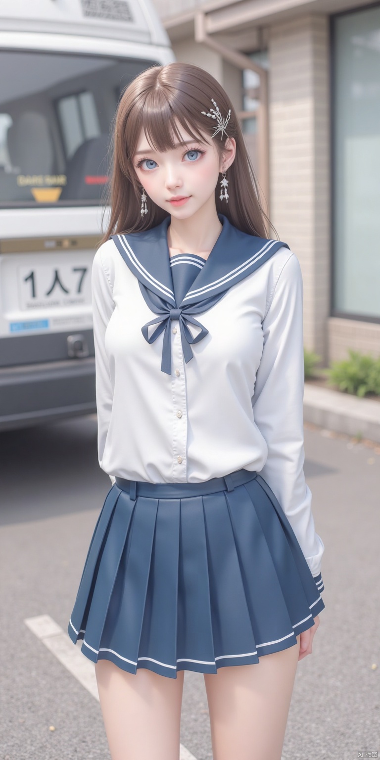 1girl, solo, long hair, looking at viewer, blue eyes, skirt, brown hair, shirt, hair ornament, long sleeves, bow, jewelry, school uniform, white shirt, pleated skirt, earrings, serafuku, sailor collar, blue skirt, blurry background, ground vehicle