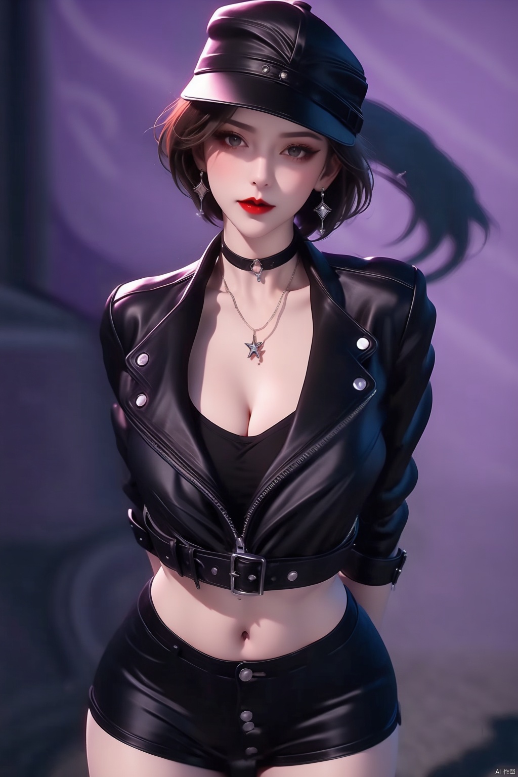 1girl
solo
breasts
looking at viewer
short hair
brown hair
hat
navel
cleavage
jewelry
medium breasts
jacket
cowboy shot
earrings
shorts
choker
midriff
necklace
arms up
bracelet
black jacket
short shorts
black headwear
black choker
black shorts
contrapposto
red lips
leather
leather jacket



