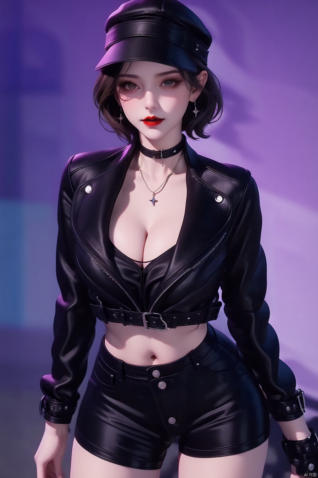 1girl
solo
breasts
looking at viewer
short hair
brown hair
hat
navel
cleavage
jewelry
medium breasts
jacket
cowboy shot
earrings
shorts
choker
midriff
necklace
arms up
bracelet
black jacket
short shorts
black headwear
black choker
black shorts
contrapposto
red lips
leather
leather jacket



