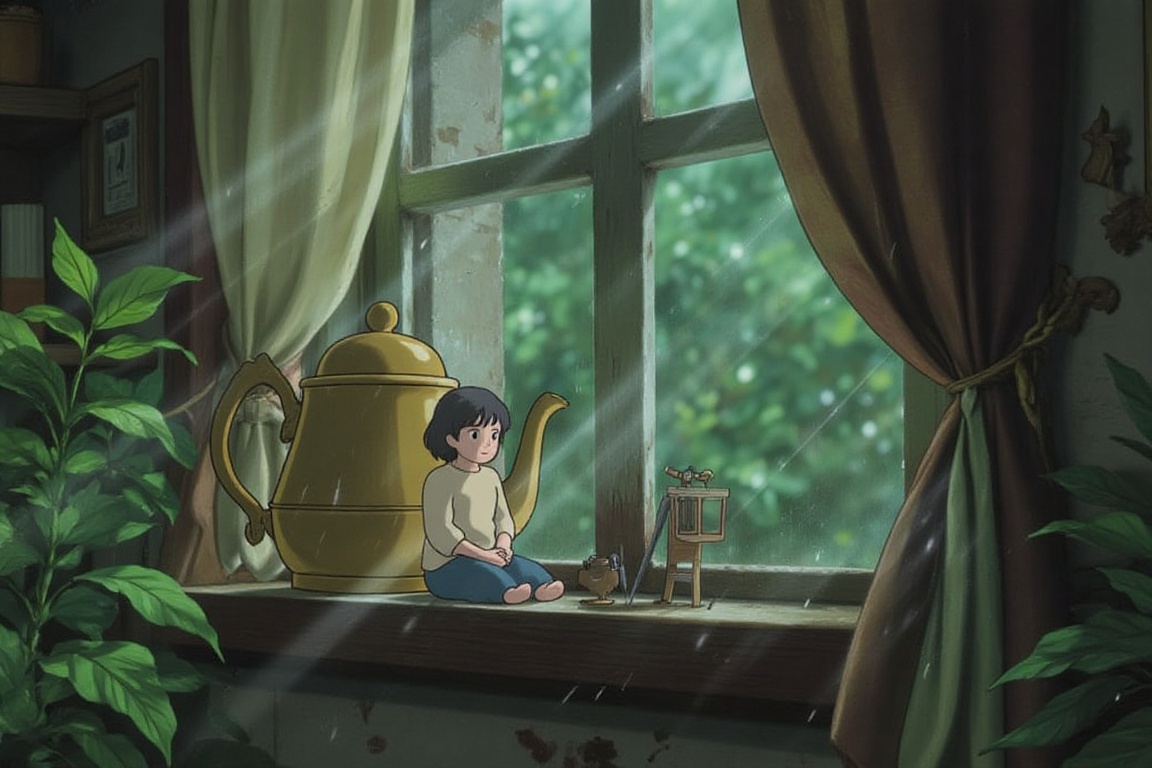 "A tiny girl sitting on a windowsill with a giant teapot and a sewing needle beside her,  rain falling outside,  lush gree...