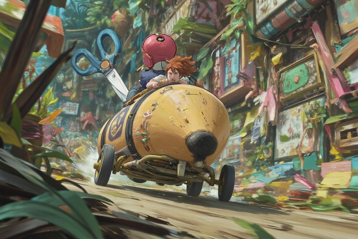 A tiny person riding a giant eraser. It is a DIY vehicle mounted on wheels,  zooming downhill at breakneck speed,  their h...