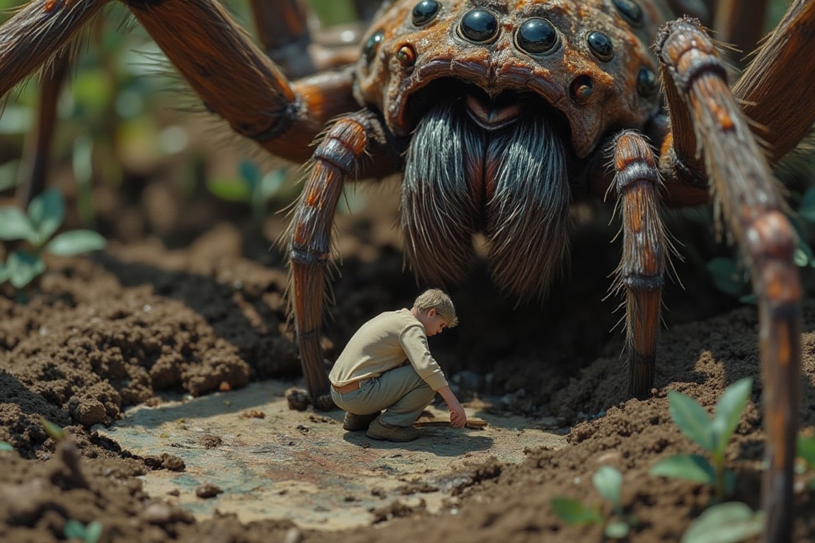 A small person crouched on the ground,  carefully sketching a map into the dirt with a stick,  unaware of a massive spider...