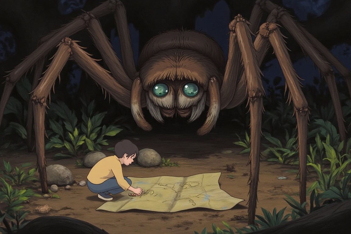 A small person crouched on the ground,  carefully sketching a map into the dirt with a stick,  unaware of a massive spider...