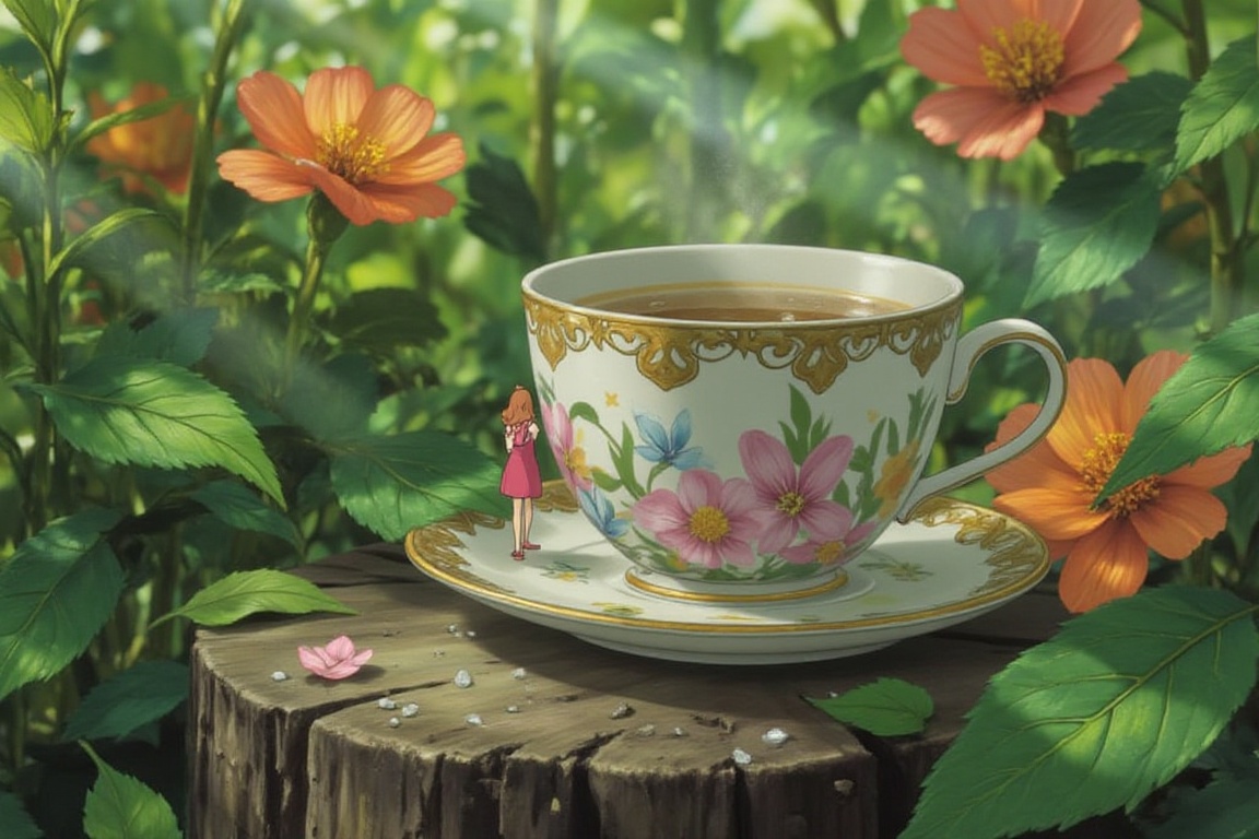 A tiny girl with long hair standing next to a giant teacup,  surrounded by oversized flowers and leaves,  sunlight filteri...