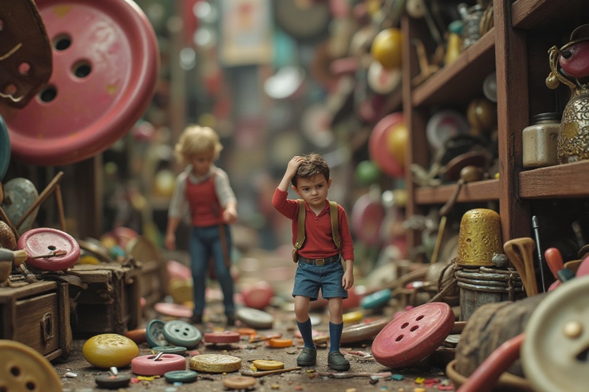 A tiny person standing amidst a chaotic collection of giant household items like buttons,  thimbles,  and sewing needles o...