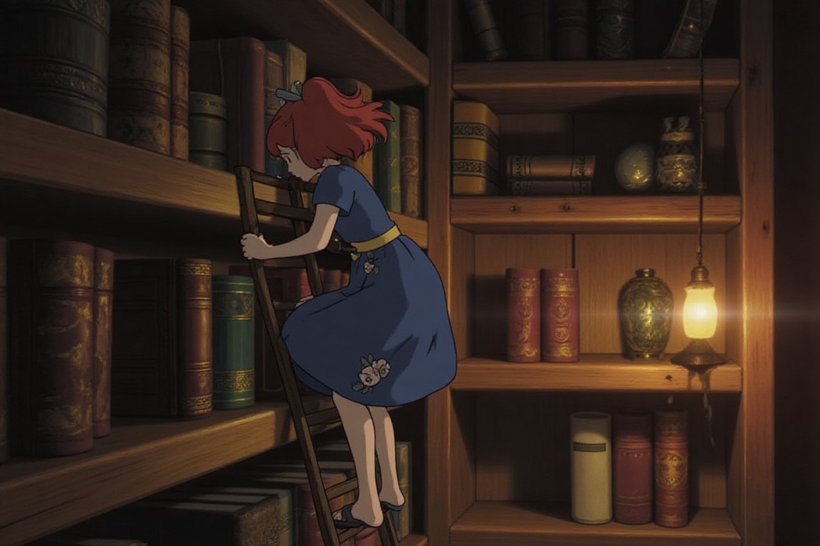 A tiny girl with flowing red hair tied back with a paper clip,  wearing a blue dress with flower ornaments,  climbing up a...