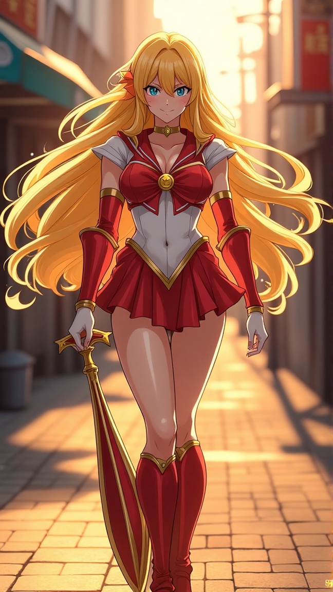A majestic prompt! Here's a vivid description: Sailor Venus,  with flowing golden locks and a radiant smile,  stands confi...