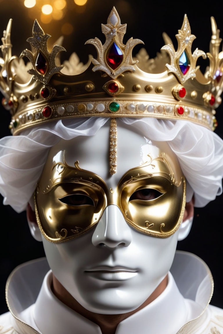 the eye-level view of a man's face is visible. The man's eyes are covered in a transparent white mask,  and the mask is ad...