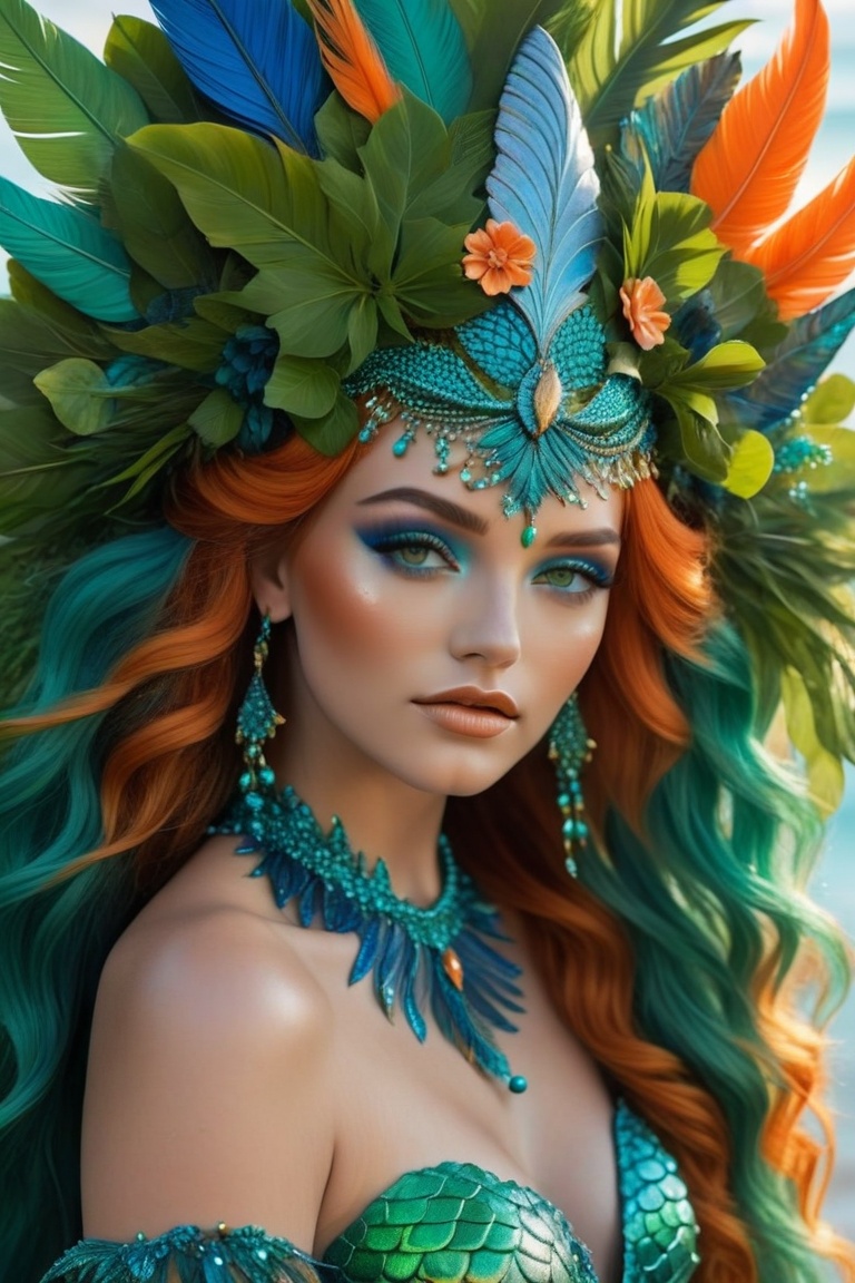 a close-up of a mermaid's head is adorned with a headdress adorned with green leaves,  orange hair,  and green beads. Her...
