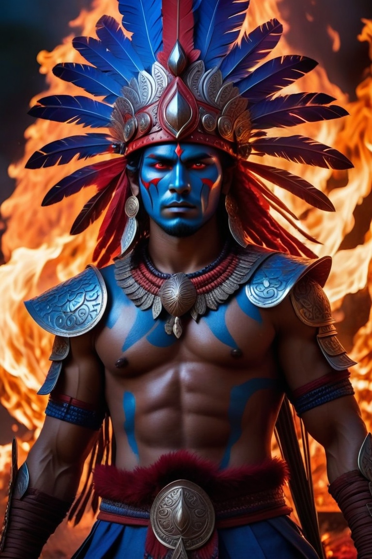 a warrior stands in front of a burning fire. The warrior is dressed in a blue and red outfit,  adorned with intricate desi...