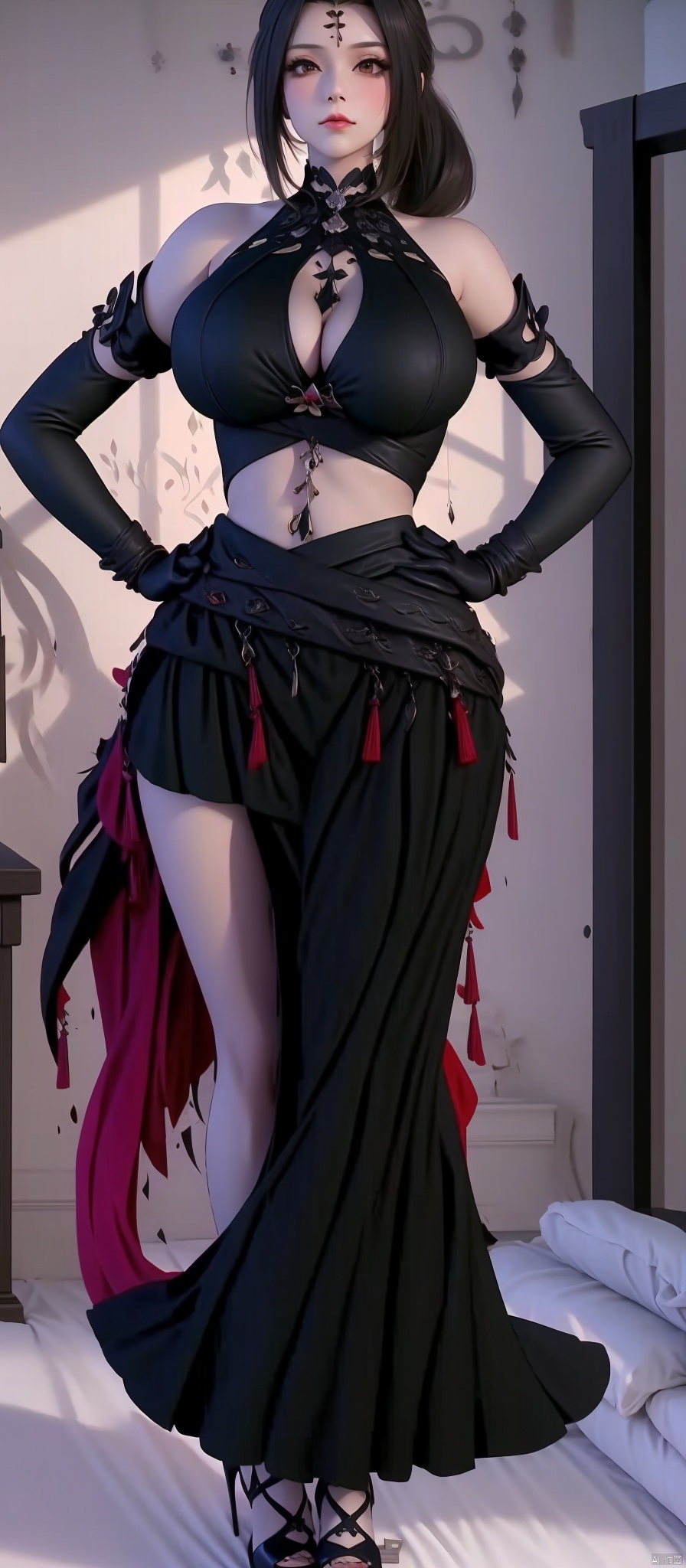 1girl
solo
long hair
breasts
looking at viewer
skirt
large breasts
black hair
navel
bare shoulders
jewelry
closed mouth
standing
full body
ponytail
detached sleeves
midriff
black skirt
high heels
high ponytail
hands on hips



