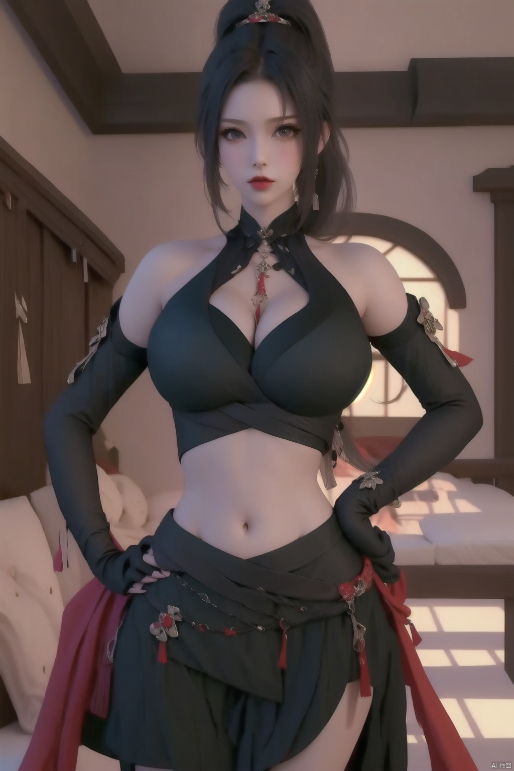 1girl
solo
long hair
breasts
looking at viewer
skirt
large breasts
black hair
navel
bare shoulders
jewelry
closed mouth
standing
full body
ponytail
detached sleeves
midriff
black skirt
high heels
high ponytail
hands on hips



