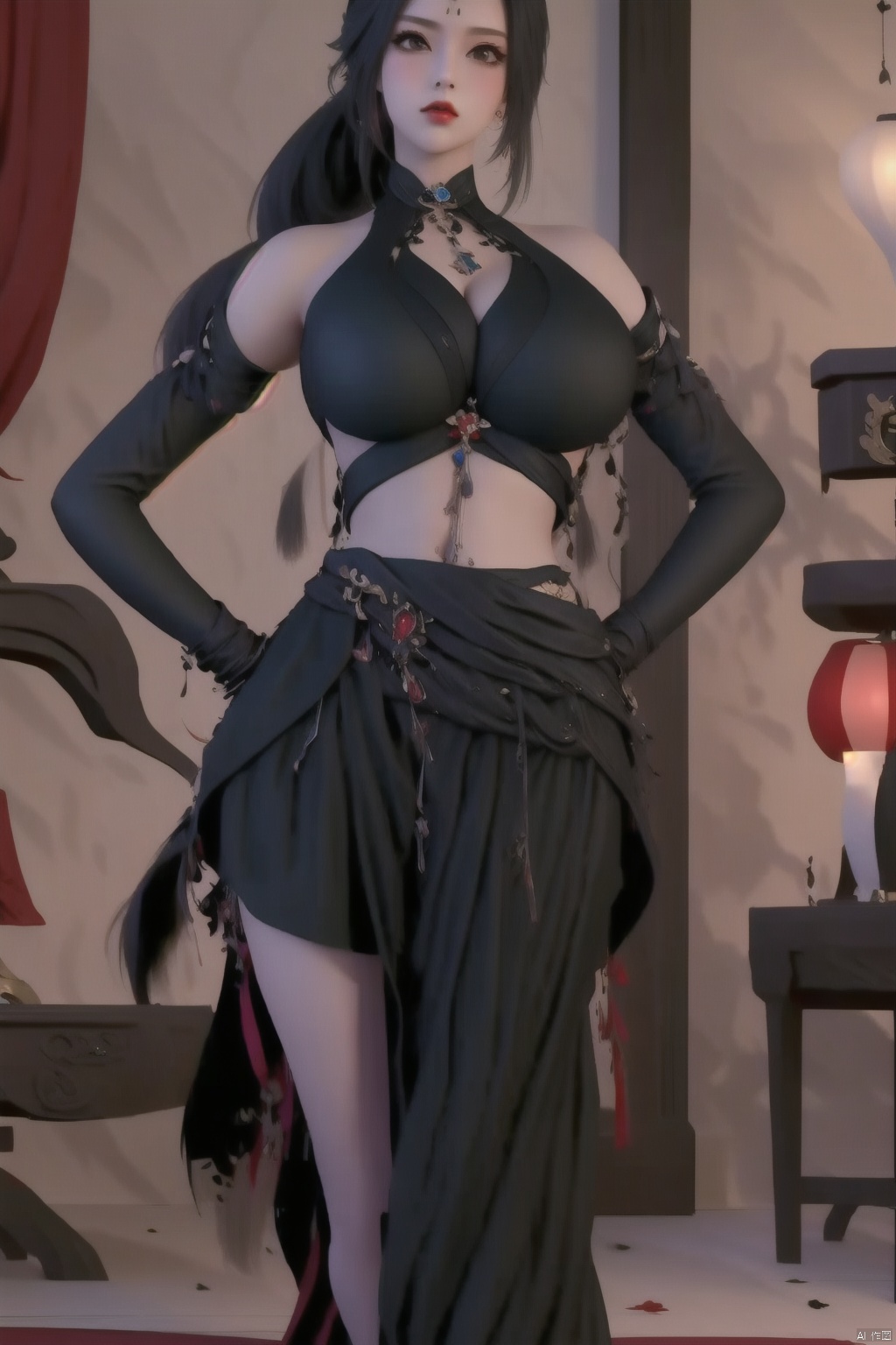 1girl
solo
long hair
breasts
looking at viewer
skirt
large breasts
black hair
navel
bare shoulders
jewelry
closed mouth
standing
full body
ponytail
detached sleeves
midriff
black skirt
high heels
high ponytail
hands on hips



