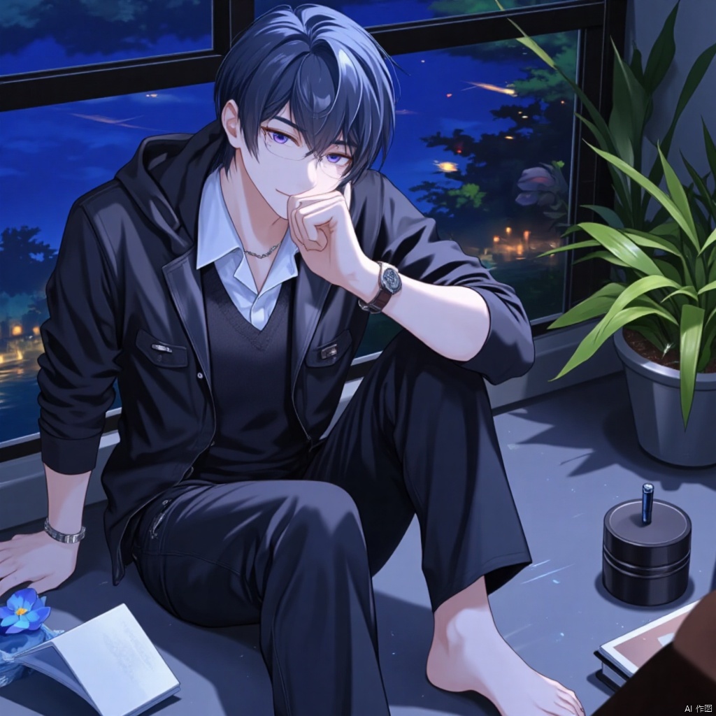 solo, smile, short hair, bangs, shirt, long sleeves, 1boy, holding, jewelry, sitting, closed mouth, jacket, full body, white shirt, purple hair, flower, male focus, glasses, barefoot, pants, indoors, water, vest, black jacket, book, toes, night, black pants, plant, sleeves rolled up, watch, pen, wristwatch, polo shirt