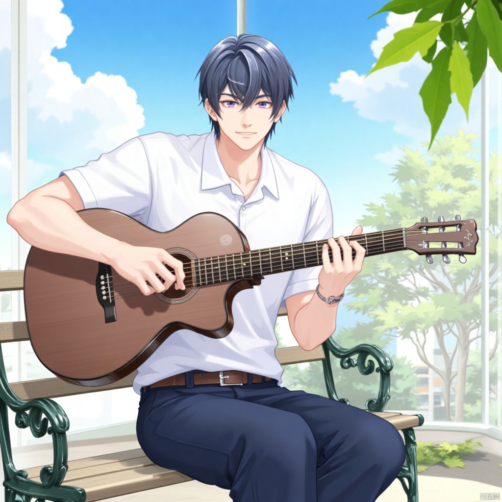 solo, smile, short hair, bangs, shirt, 1boy, holding, jewelry, sitting, closed mouth, purple eyes, white shirt, purple hair, male focus, outdoors, sky, day, collared shirt, belt, pants, cloud, tree, blue sky, window, leaf, crossed legs, cloudy sky, instrument, guitar, bench, playing instrument, holding instrument, polo shirt