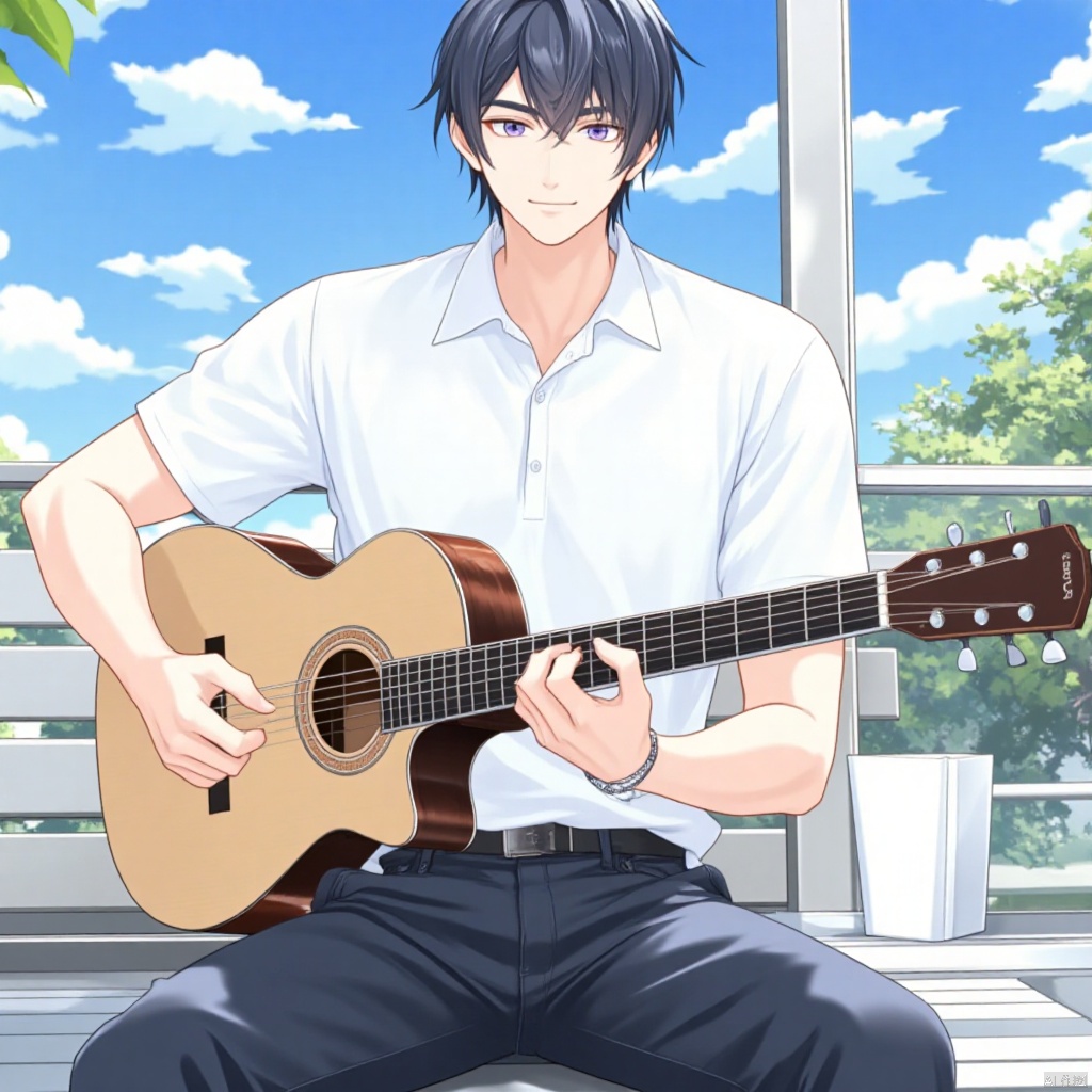 solo, smile, short hair, bangs, shirt, 1boy, holding, jewelry, sitting, closed mouth, purple eyes, white shirt, purple hair, male focus, outdoors, sky, day, collared shirt, belt, pants, cloud, tree, blue sky, window, leaf, crossed legs, cloudy sky, instrument, guitar, bench, playing instrument, holding instrument, polo shirt