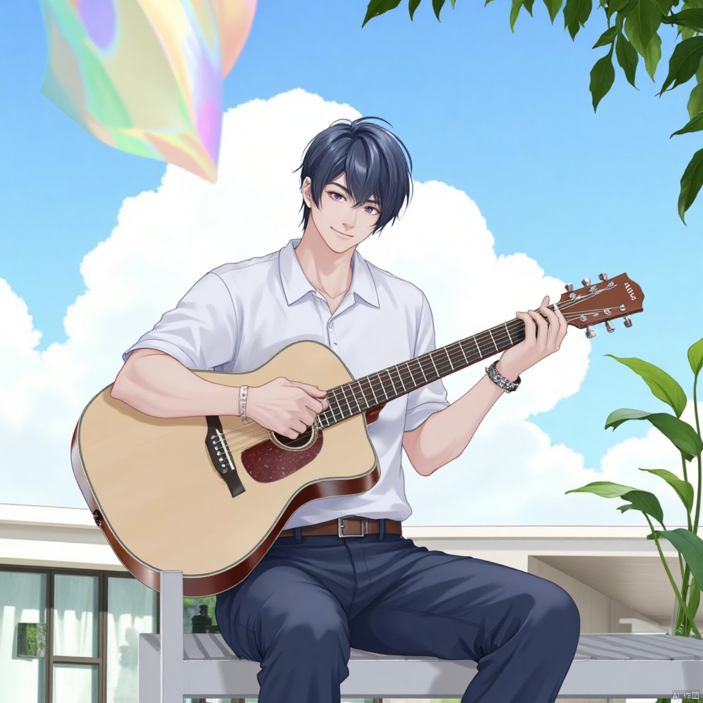 solo, smile, short hair, bangs, shirt, 1boy, holding, jewelry, sitting, closed mouth, purple eyes, white shirt, purple hair, male focus, outdoors, sky, day, collared shirt, belt, pants, cloud, tree, blue sky, window, leaf, crossed legs, cloudy sky, instrument, guitar, bench, playing instrument, holding instrument, polo shirt