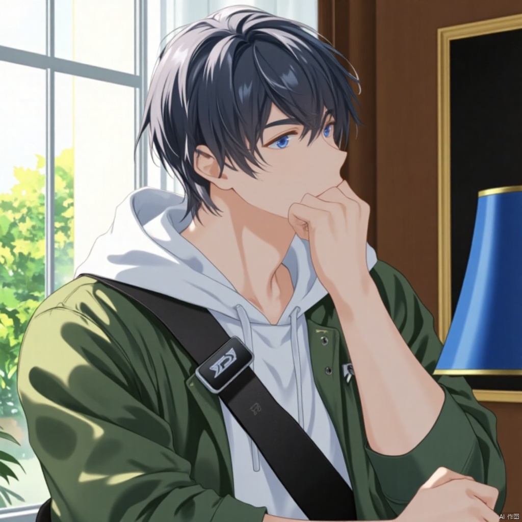 An animated animated image of a man with long black hair and blue eyes. He is wearing a white hoodie and a green jacket. His jacket has a black strap that has a white logo on it. His left hand is resting on his chin and he is looking to the left. Behind him is a window that has green plants on the outside. To the right of the window is a brown wall with a gold frame on it and a blue lamp shade.