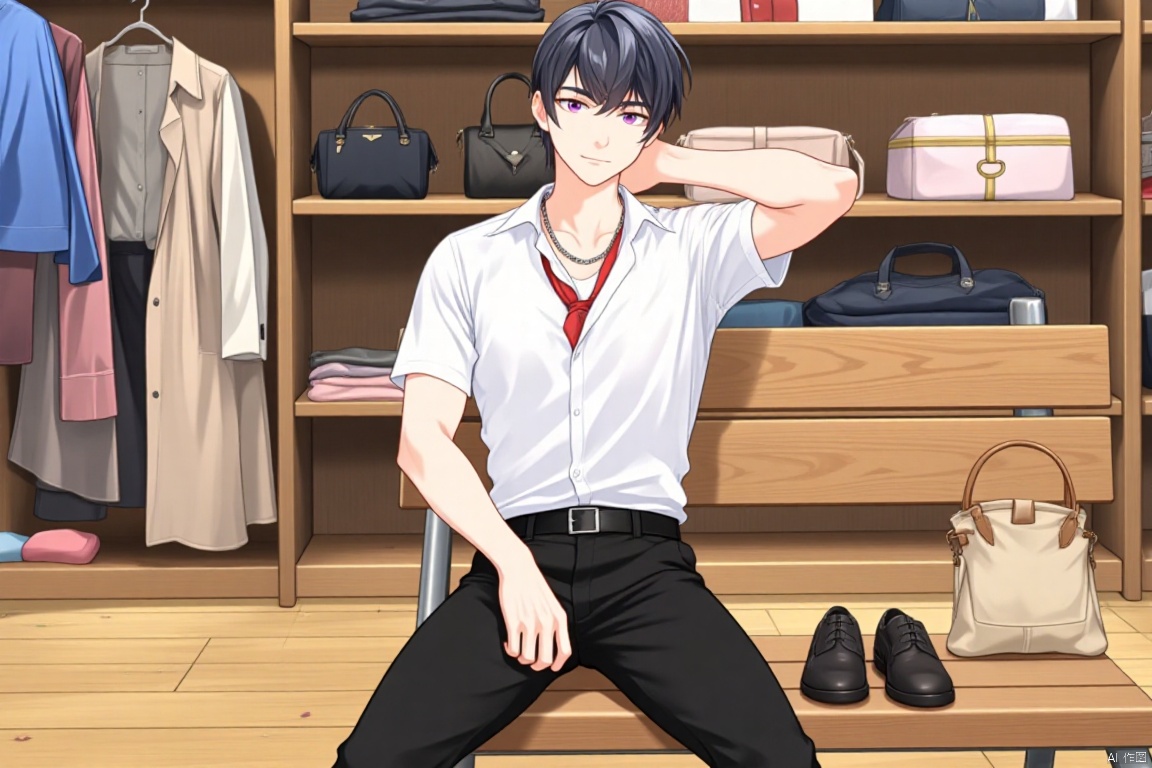 a cartoon depiction of an anime character is seated on a wooden bench. The character is dressed in a white button-down shirt, black pants, and a black belt. The outfit is adorned with a silver necklace and a red tie. To the right of the character, a pair of black shoes are placed on the bench. In the background, shelves are filled with clothes and purses.