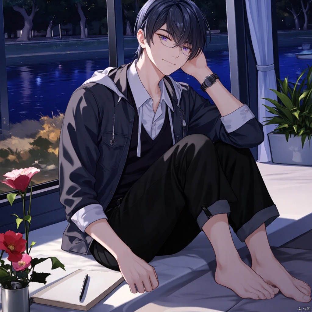 solo, smile, short hair, bangs, shirt, long sleeves, 1boy, holding, jewelry, sitting, closed mouth, jacket, full body, white shirt, purple hair, flower, male focus, glasses, barefoot, pants, indoors, water, vest, black jacket, book, toes, night, black pants, plant, sleeves rolled up, watch, pen, wristwatch, polo shirt
