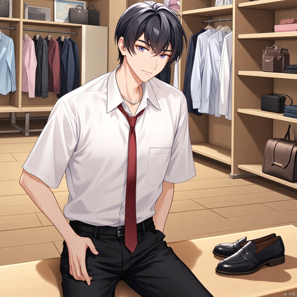 a cartoon depiction of an anime character is seated on a wooden bench. The character is dressed in a white button-down shirt, black pants, and a black belt. The outfit is adorned with a silver necklace and a red tie. To the right of the character, a pair of black shoes are placed on the bench. In the background, shelves are filled with clothes and purses.