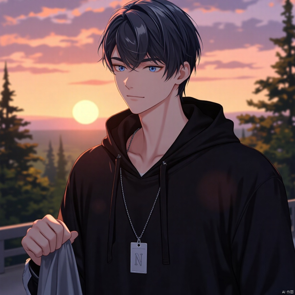 An animated image of a man with long black hair and blue eyes. He is wearing a black hoodie and a silver necklace with a tag that has the letters "N" on it. The man is holding a gray cloth in his left hand. There are trees in the background and the sun is setting in the sky.