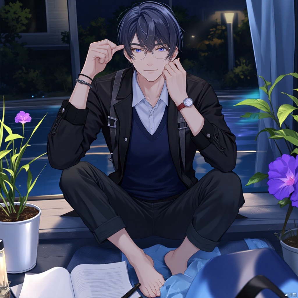 solo, smile, short hair, bangs, shirt, long sleeves, 1boy, holding, jewelry, sitting, closed mouth, jacket, full body, white shirt, purple hair, flower, male focus, glasses, barefoot, pants, indoors, water, vest, black jacket, book, toes, night, black pants, plant, sleeves rolled up, watch, pen, wristwatch, polo shirt