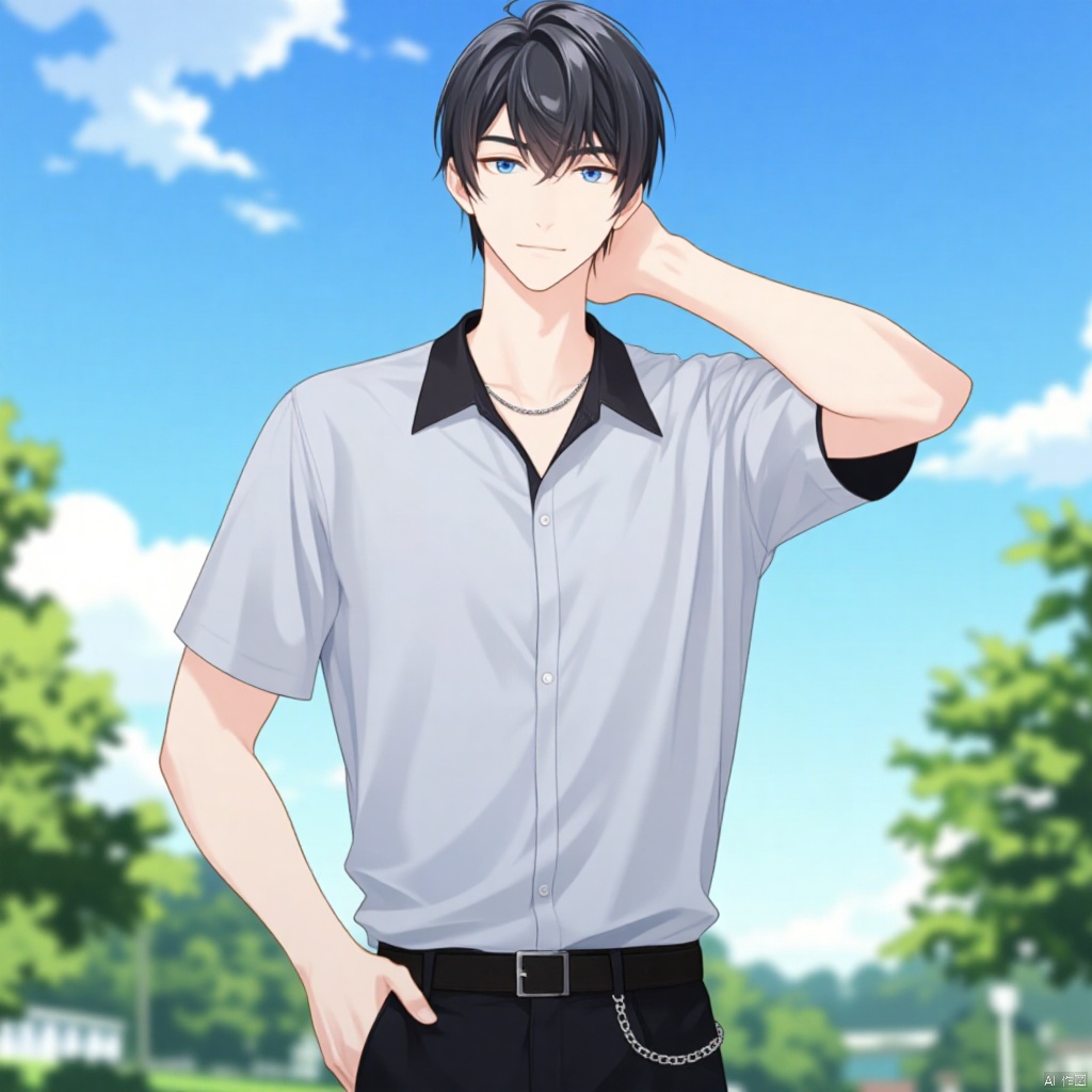 An animated image of a man with black hair and blue eyes. He is wearing a light gray button up shirt with a black collar and black pants. He also has a silver chain around his waist. His left hand is on his hip and his right hand is resting on his head. The background is blurred, but you can see trees and a blue sky with white clouds.