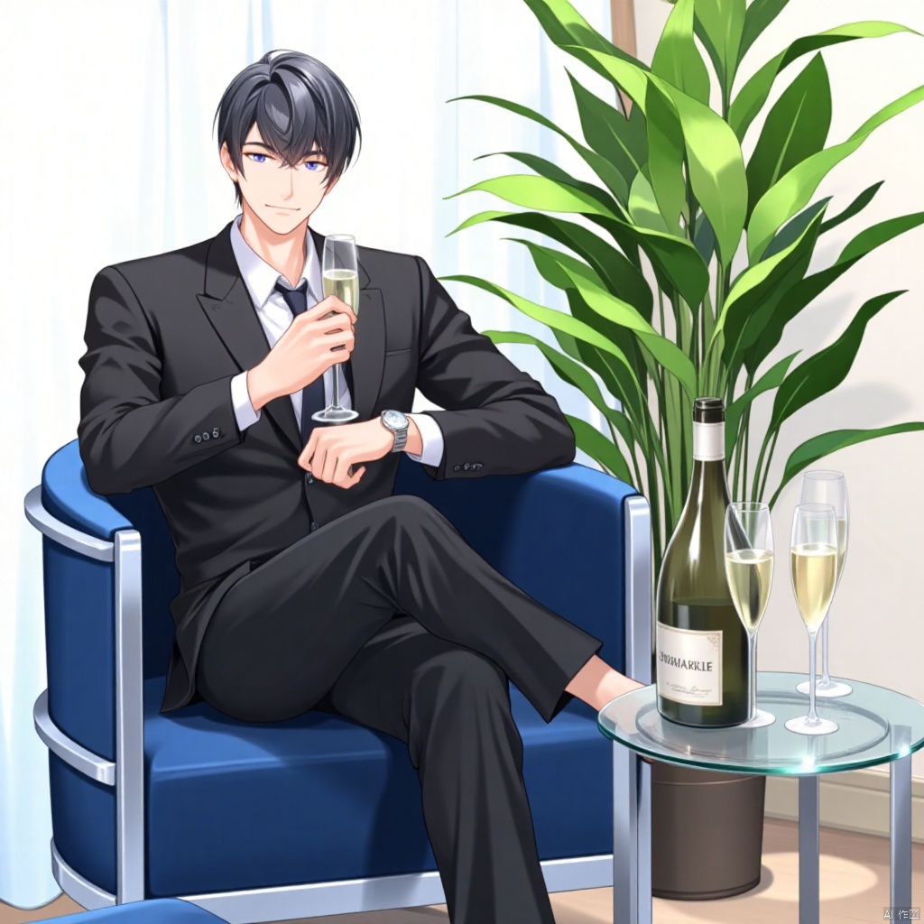 a cartoon character, dressed in a black suit and black pants, is seated on a blue chair. He is holding a glass of champagne in his left hand. His right hand is resting on his hip. His left wrist is adorned with a silver watch. His hair is short and black, and he is wearing a white shirt with a black collar. To the right of him, there is a glass table with a bottle of wine and two glasses on it. The table is set against a backdrop of a white wall, with a large green plant in front of it.