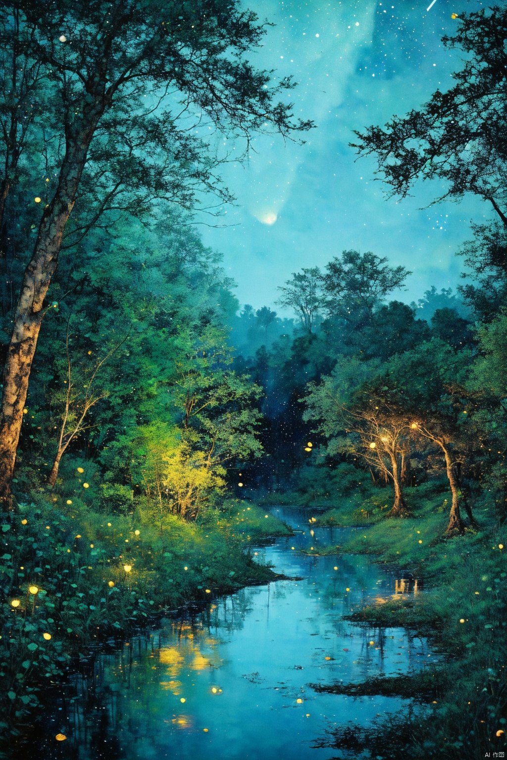 swamp forest,  night landscape,  glowing fireflies by 岳说 on Tensor.Art