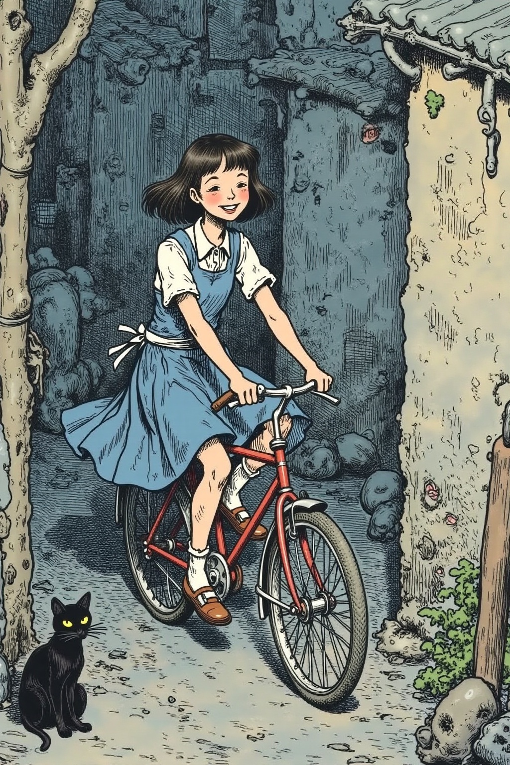 gusdore1 illustration. A Japanese school girl riding a old style bicycle through a narrow,  quiet street at night. The hap...