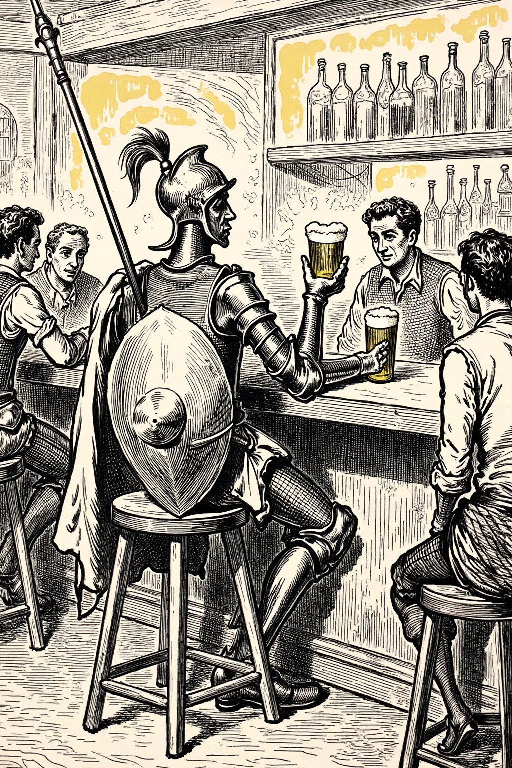 Black and white gusdore1 illustration of Don Quixote sitting at a modern bar,  enjoying a beer. He wears his classic,  med...