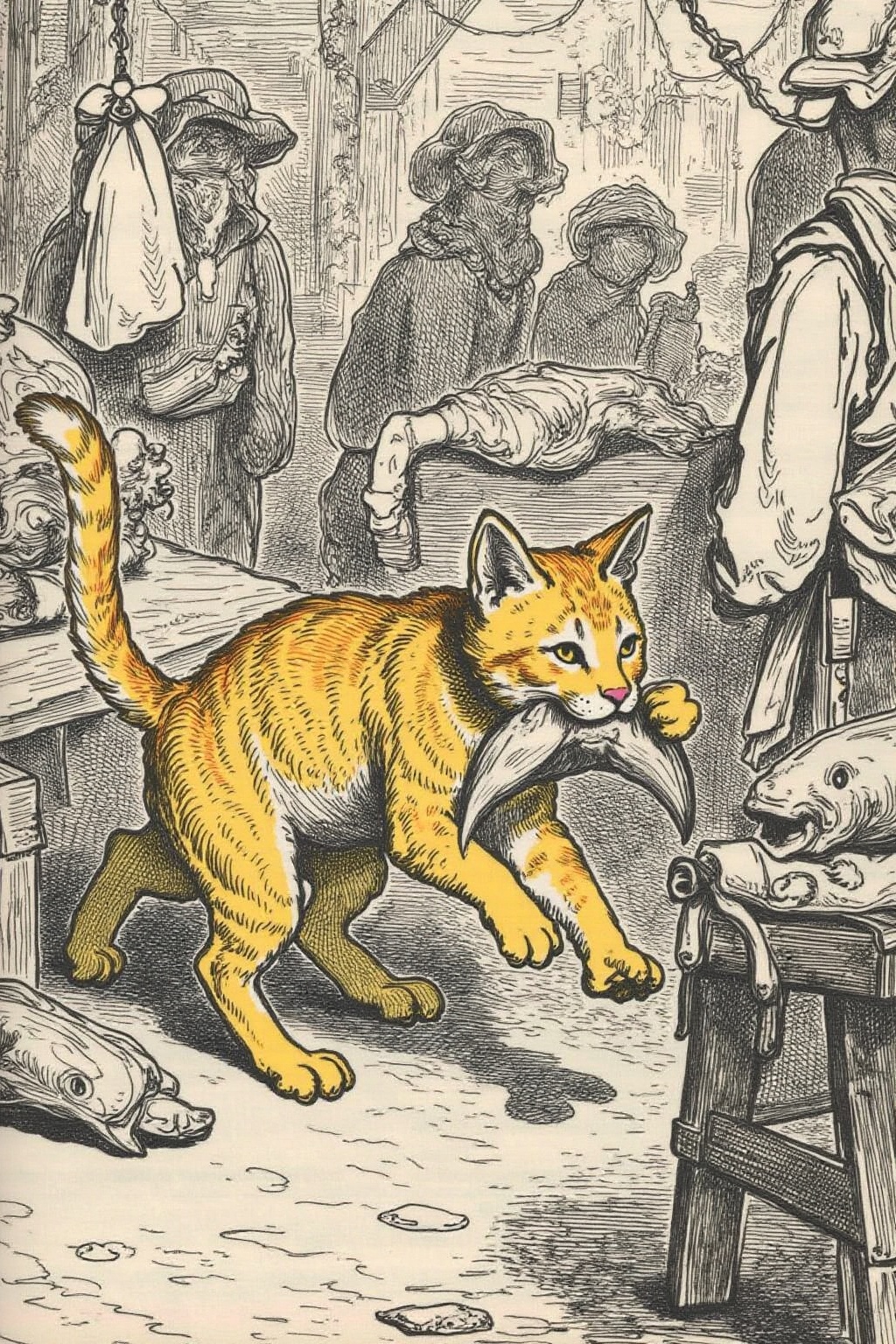 gusdore1 illustration. A golden tabby stealing a fish,  running away in a market on Tensor.Art