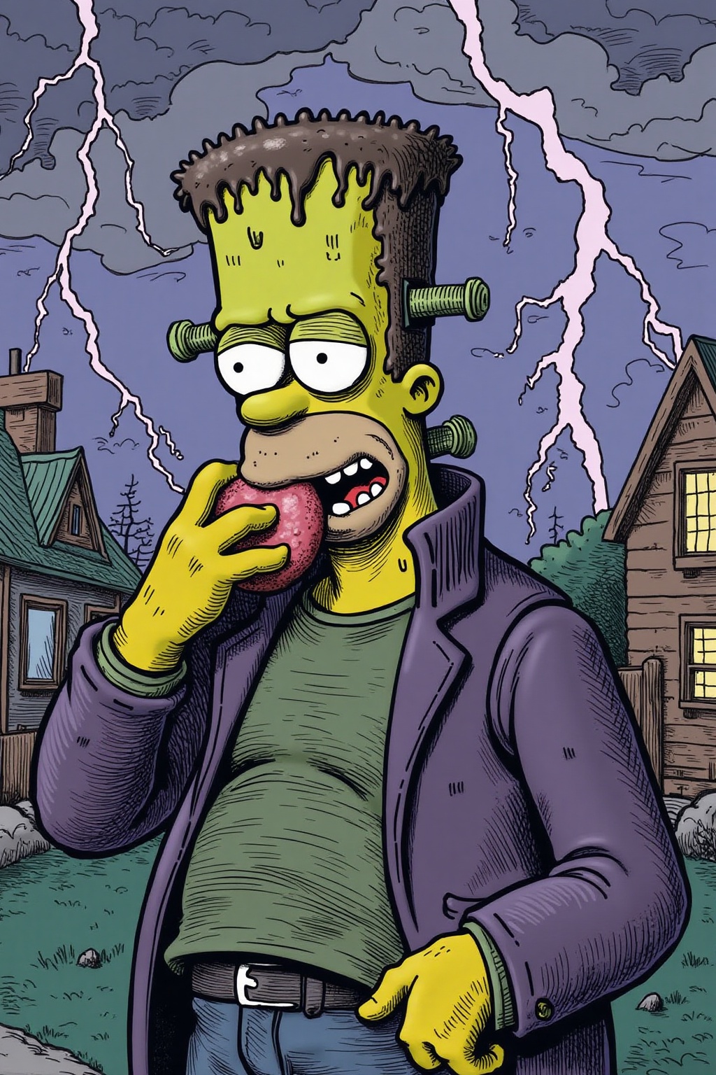 gusdore1 illustration. Homer Simpson dressed as Frankenstein,  eating a doughnut during a thunderstorm on Tensor.Art