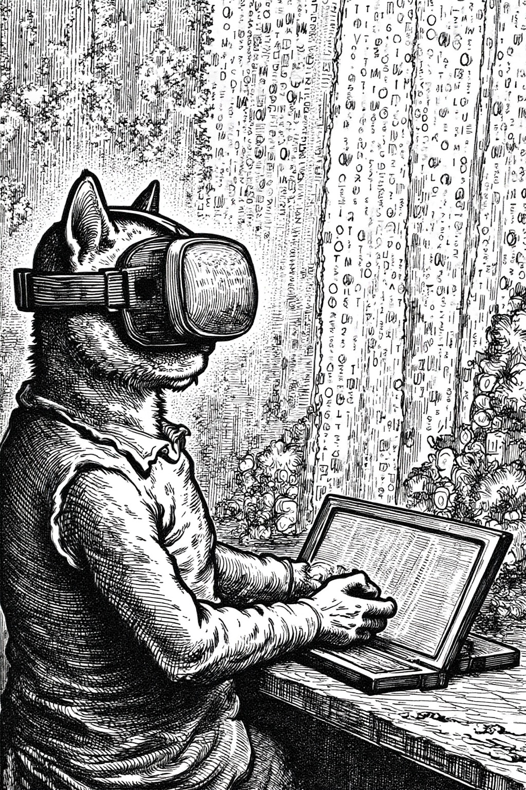 Black and white gusdore1 illustration. A matrix code waterfall is filling the screen,  double exposure with A cat playing...