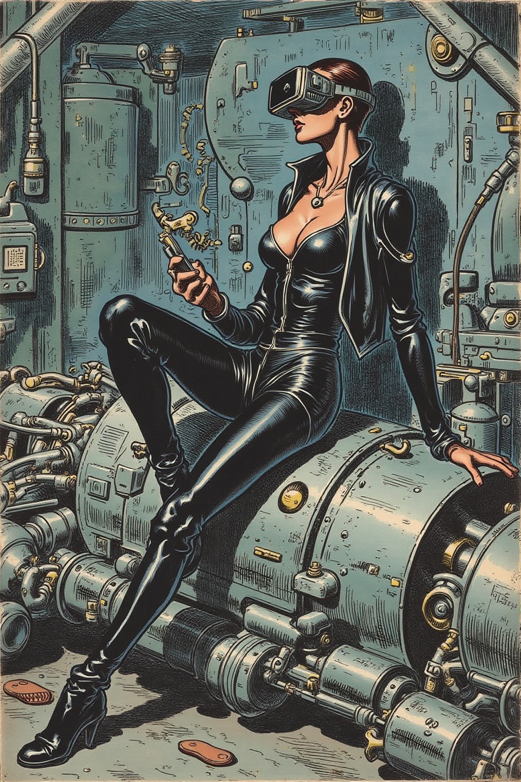 gusdore1 illustration of a striking,  futuristic scene depicts a woman dressed in sleek,  form-fitting leather attire on T...