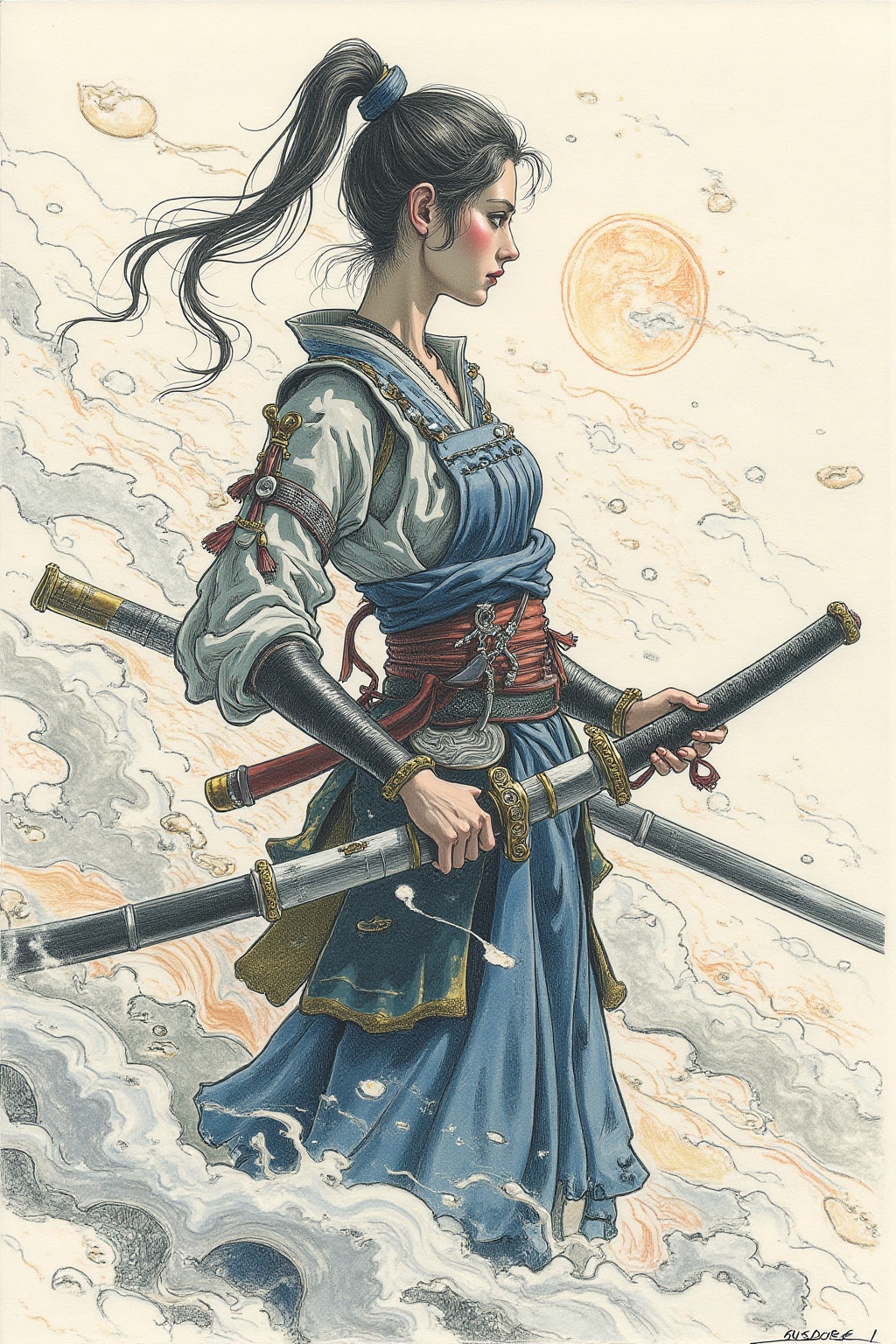 gusdore1 illustration. a female Japanese samurai warrior wielding a katana,  blending form with reality. Glitching the sur...