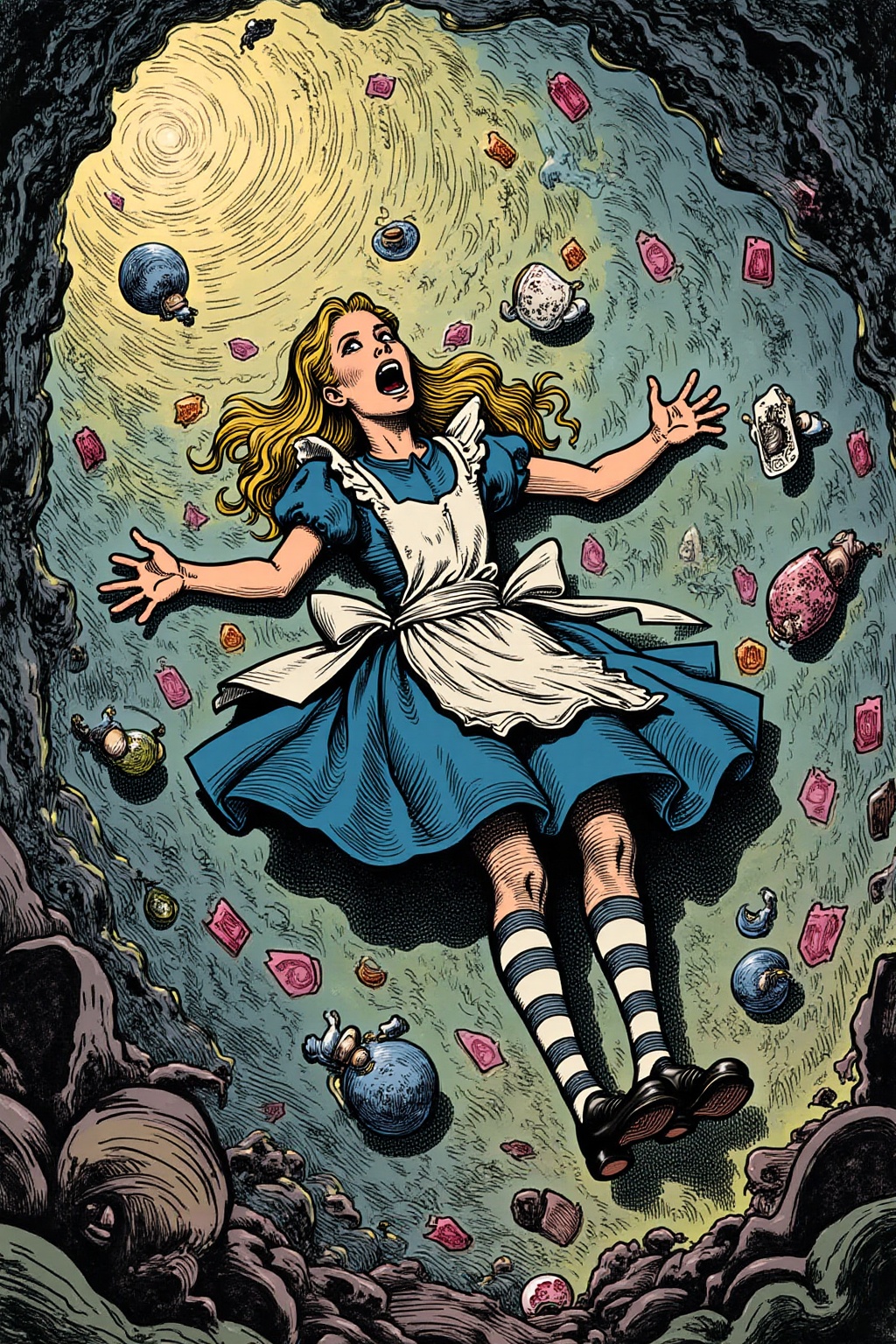gusdore1illustration. Overhead view of Alice in Wonderland falling into the rabbit hole,  with her legs dangling beneath h...