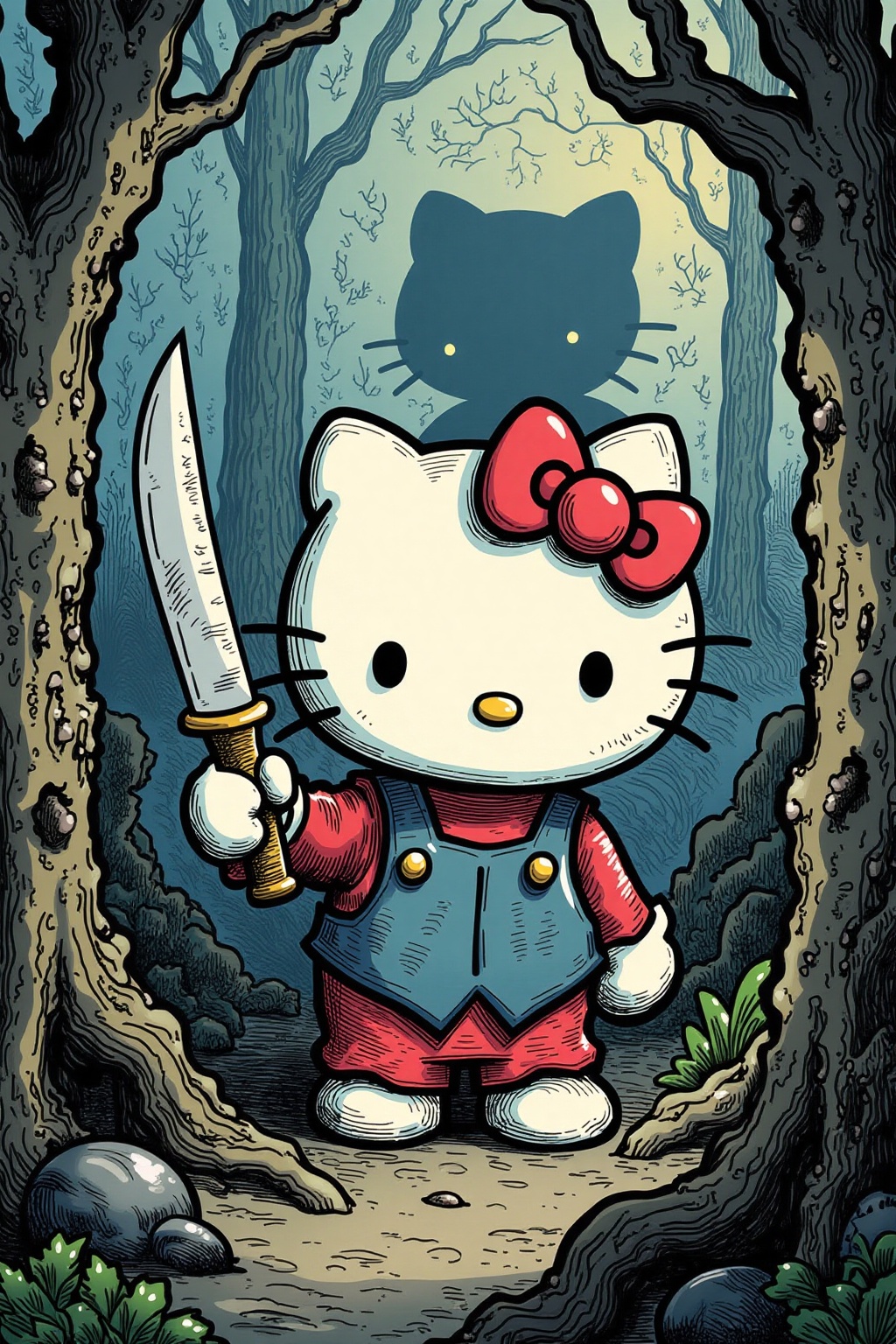 gusdore1 illustration. Hello Kitty in the middle of the forest holding a knife,  the atmosphere and the character looks sc...