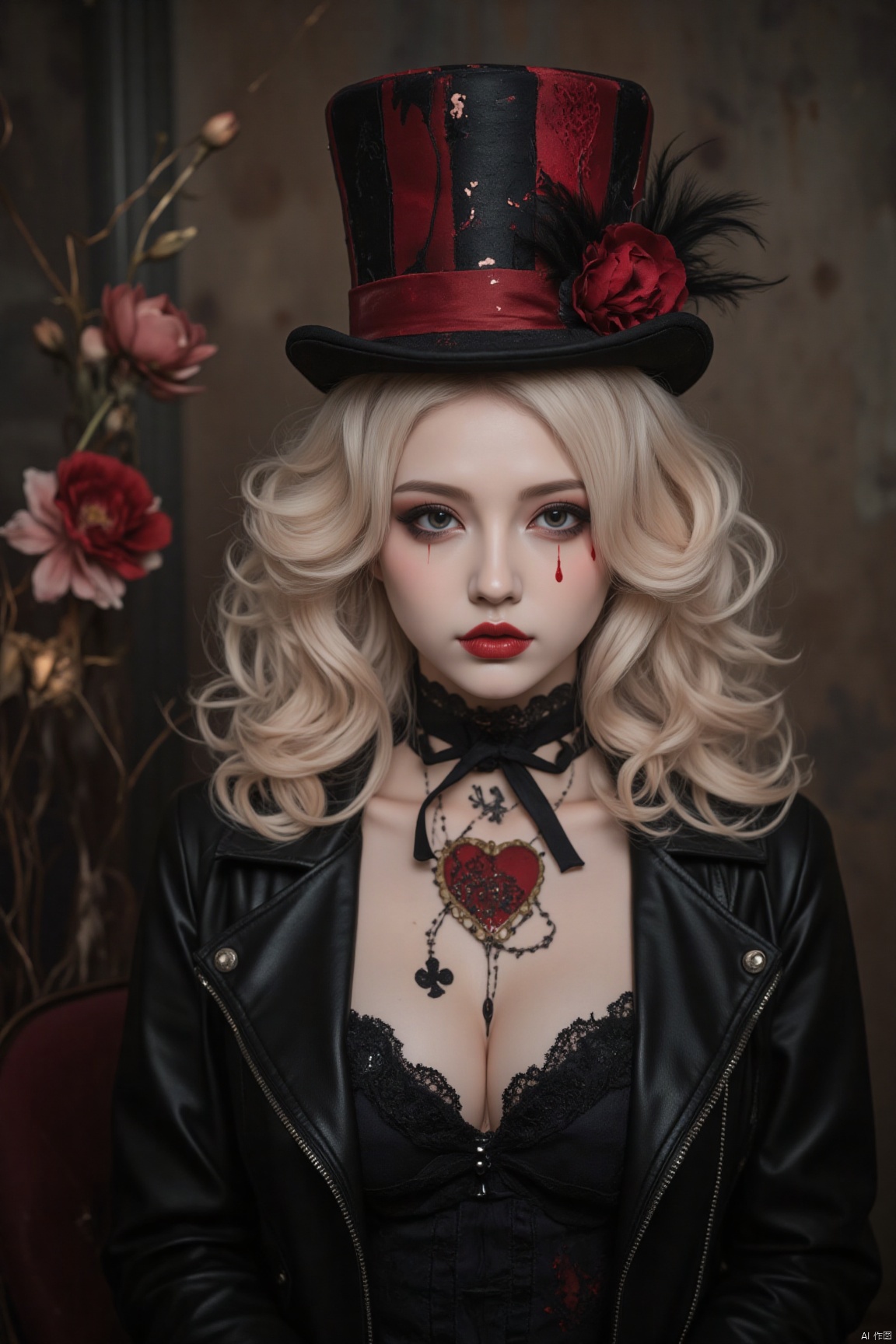 Portrait of a gothic circus-themed woman, hauntingly beautiful and melancholy, with porcelain skin and doll-like features, wearing dark makeup with crimson lips, smoky eyes, and painted tears in the shape of a red heart and black spade. Her platinum blonde hair is styled in soft, voluminous curls adorned with faded red flowers. She wears a vintage, distressed top hat with red and black stripes and a black leather jacket over lace, blending punk with Victorian gothic aesthetics. Background is hazy, muted, with faded, wilting flowers and delicate stems, creating an eerie, surreal atmosphere. Cinematic lighting, dark fantasy style, high detail, moody and dramatic, 4K resolution,redcraft