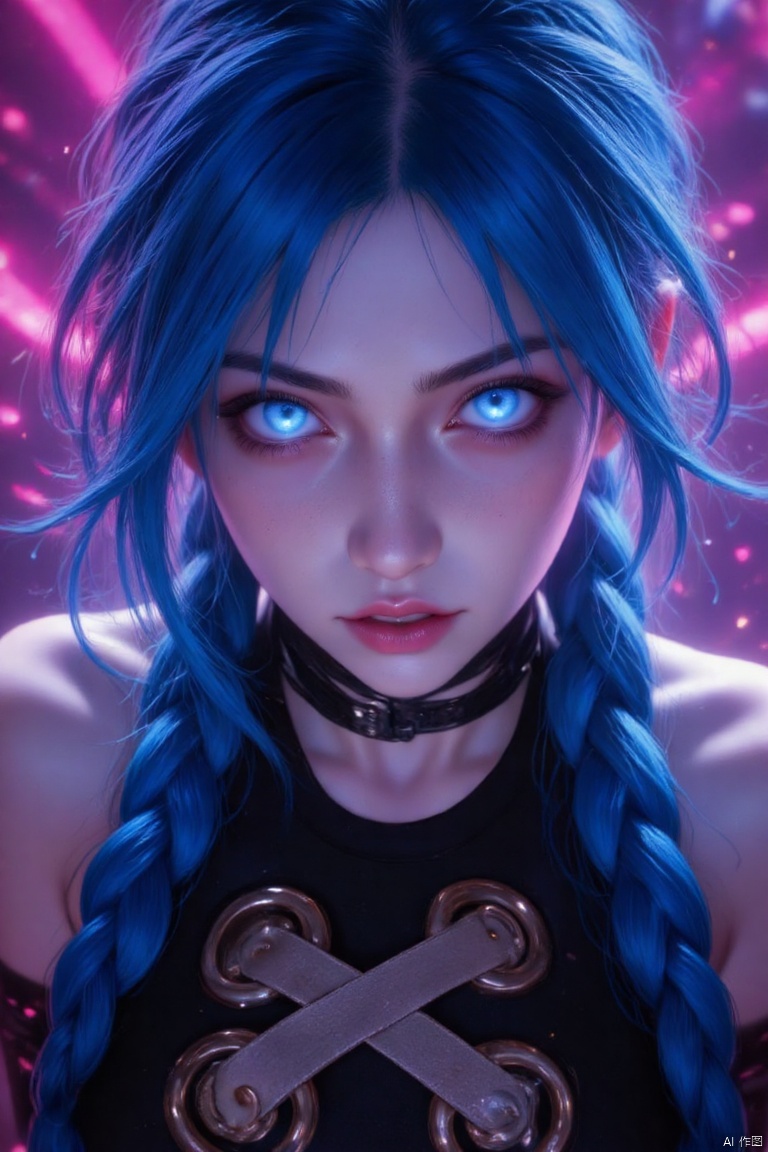 1girl, solo, long hair, looking at viewer, bangs, blue eyes, bare shoulders, blue hair, braid, teeth, shiny, blurry, twin braids, glowing, portrait, glowing eyes, jinx \(league of legends\),redcraft